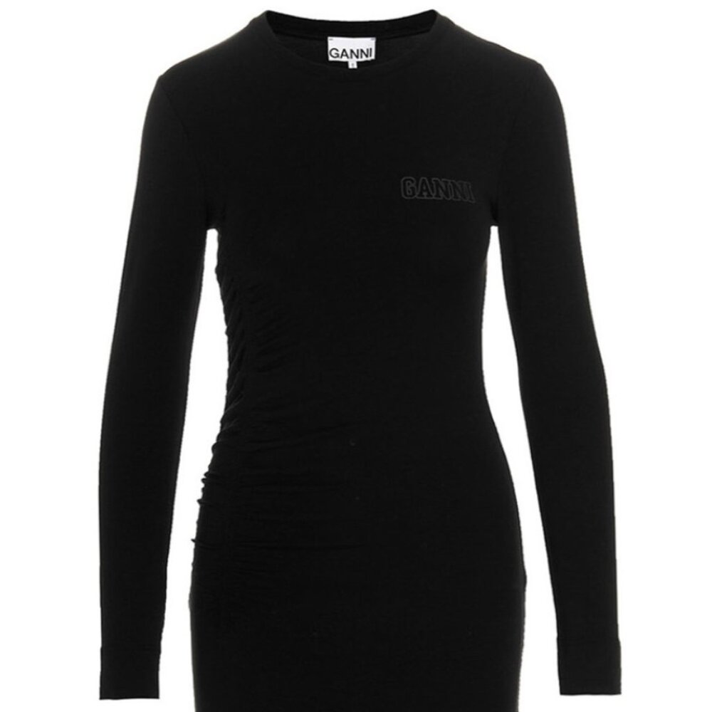 GANNI Logo Black Ruched Maxi Dress